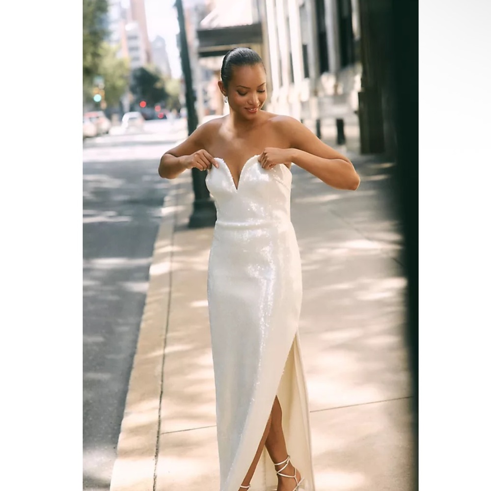 BHLDN Anthropologie Strapless Matte Ivory Sequin Side-Slit Sweetheart Midi Dress